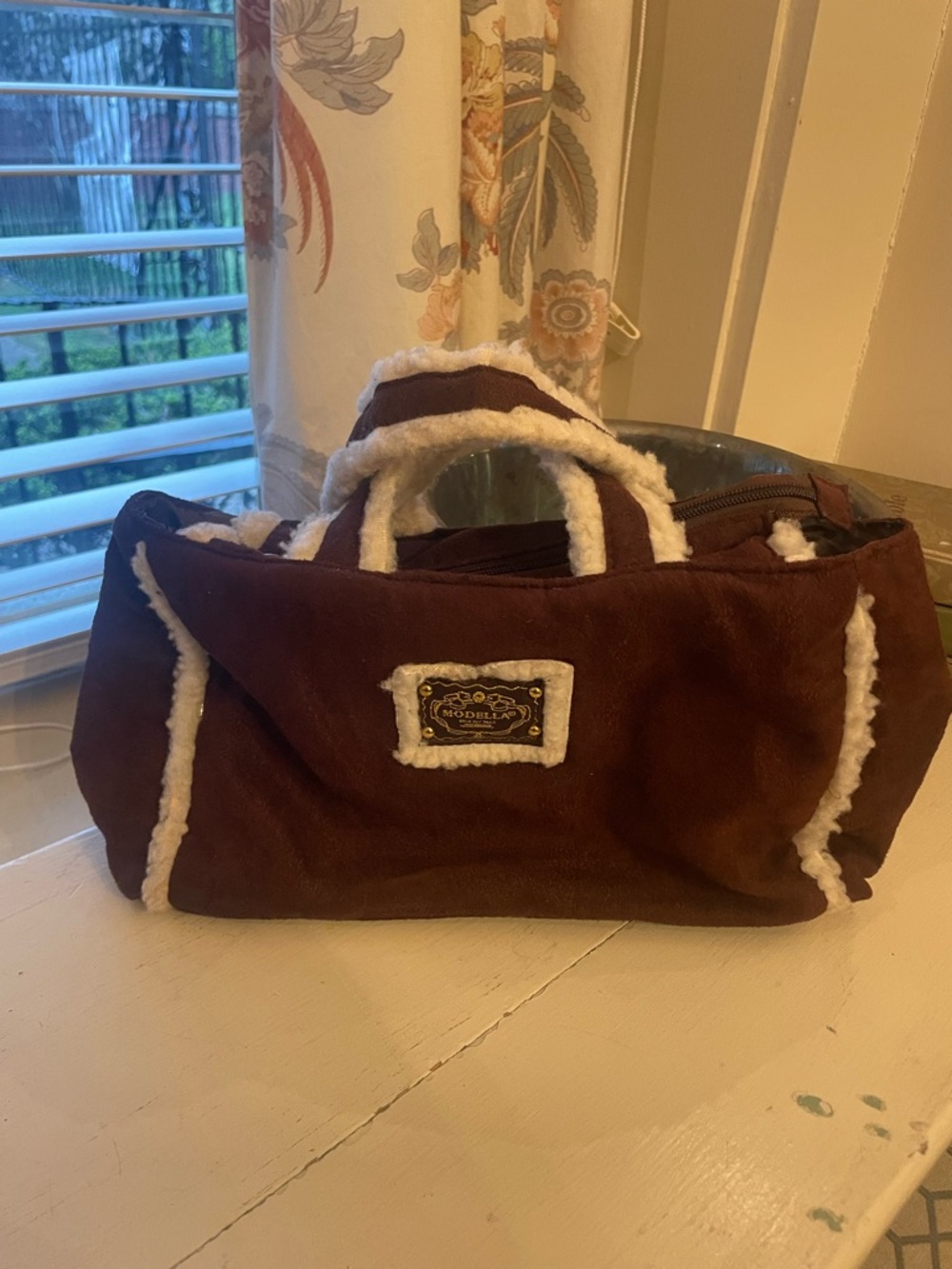 Modella Brown Suede Tote with White Faux-Shearling Trim